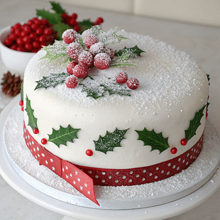 Christmas Cake Snow Design With Ribbon